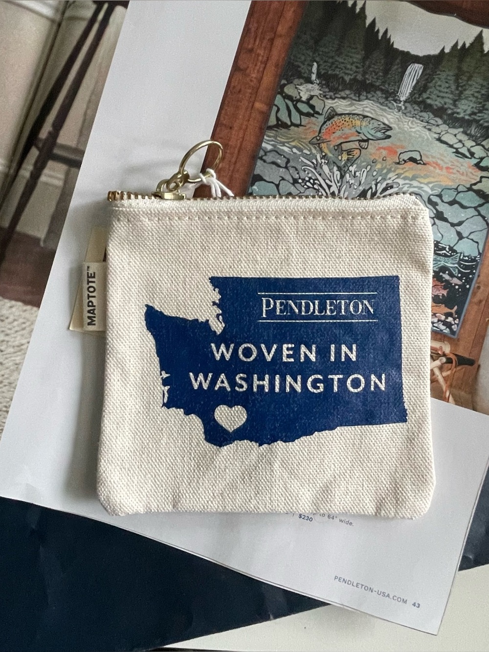 Pendleton Cream & Navy Canvas Zip Coin purse Pouch Maptote Woven in Washington